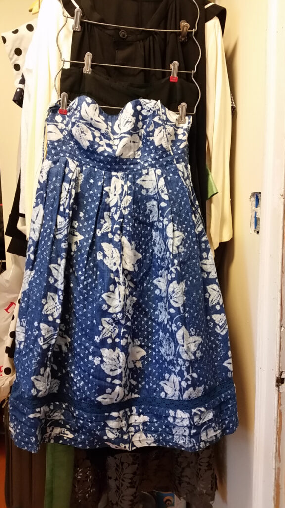 Another blue and white print strapless cotton dress.