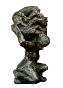 Bronze sculpture of kneeling woman holding up intertwined figures of a man and two children.