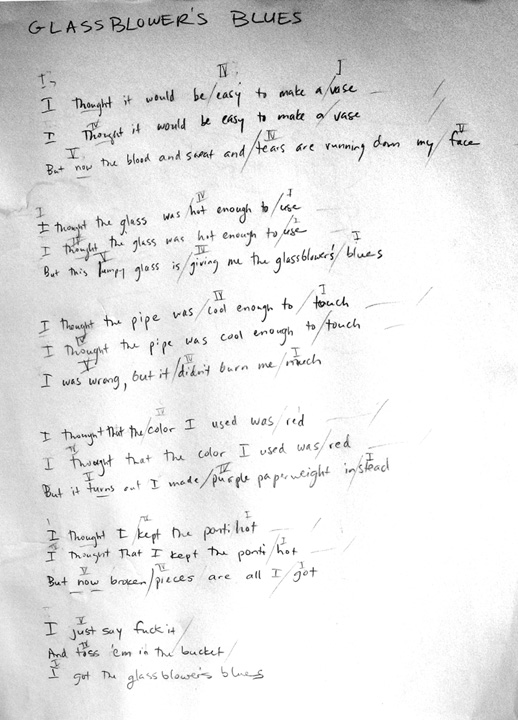 Hand-written lyrics for the Glassblower's Blues, by Gwendolyn Holbrow