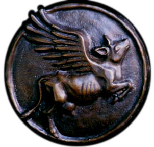 Bronze medallion of Hathor,a winged cow, by Gwendolyn Holbrow.